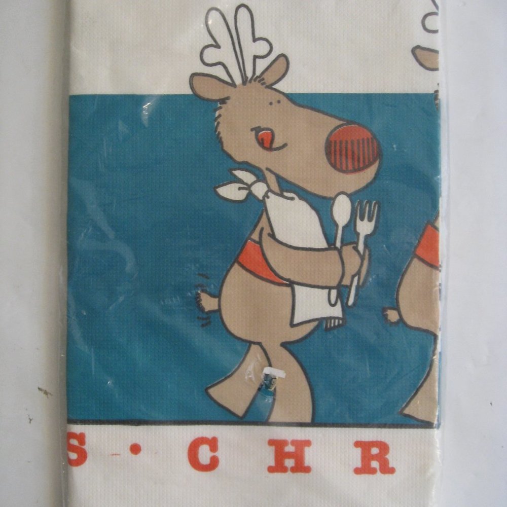 NOS Vintage Artfaire Paper Table Cover Reindeer Cartoon Christmas Party 54"x 96"